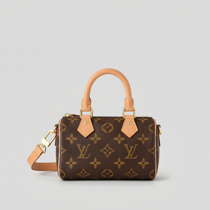 L\Vsac à Main Mini Boston à Motif Monogrammé – Marron avec Détails Camel
